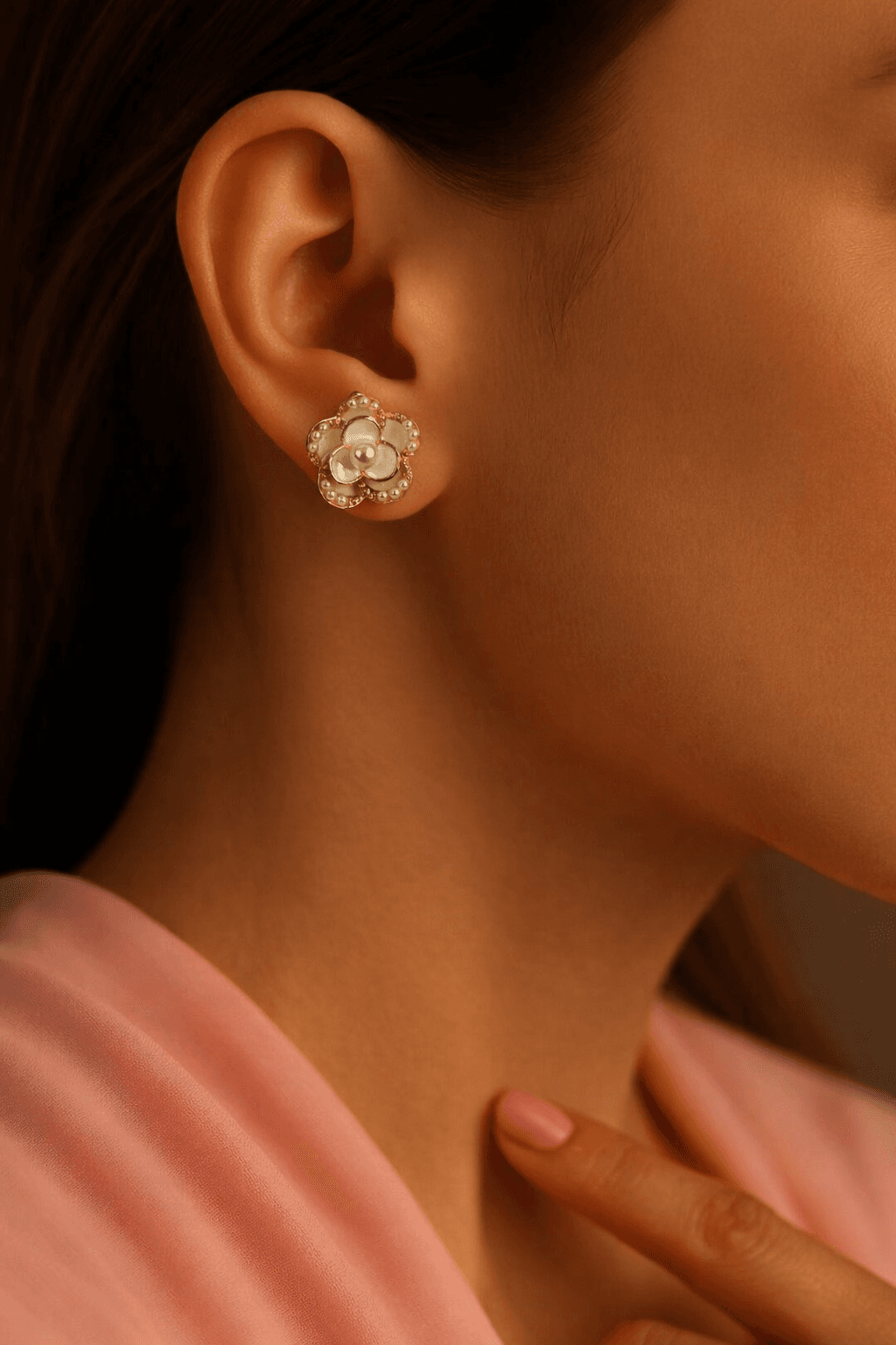 Floral pearl gold plated stud earrings