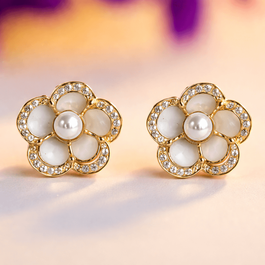 Floral pearl gold plated stud earrings