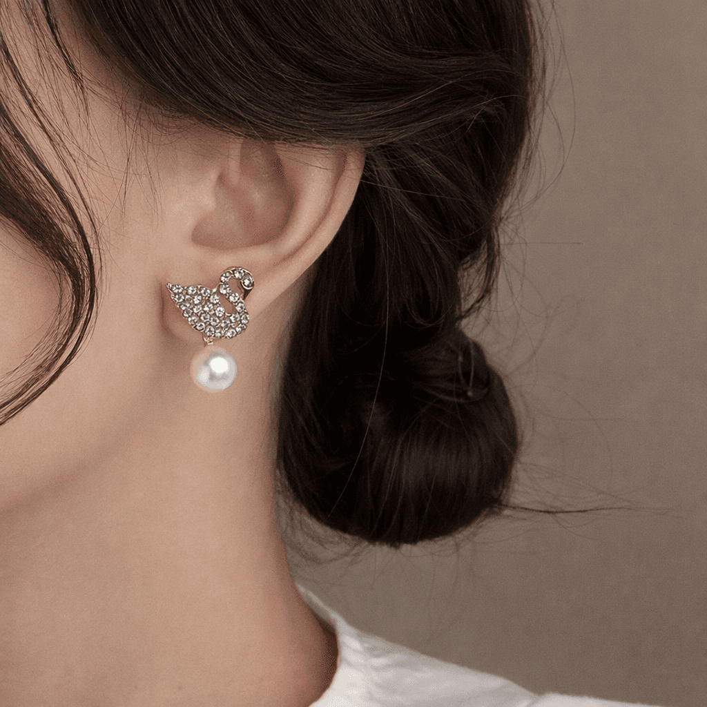 Gold Toned Swan Stud Pearl Earrings