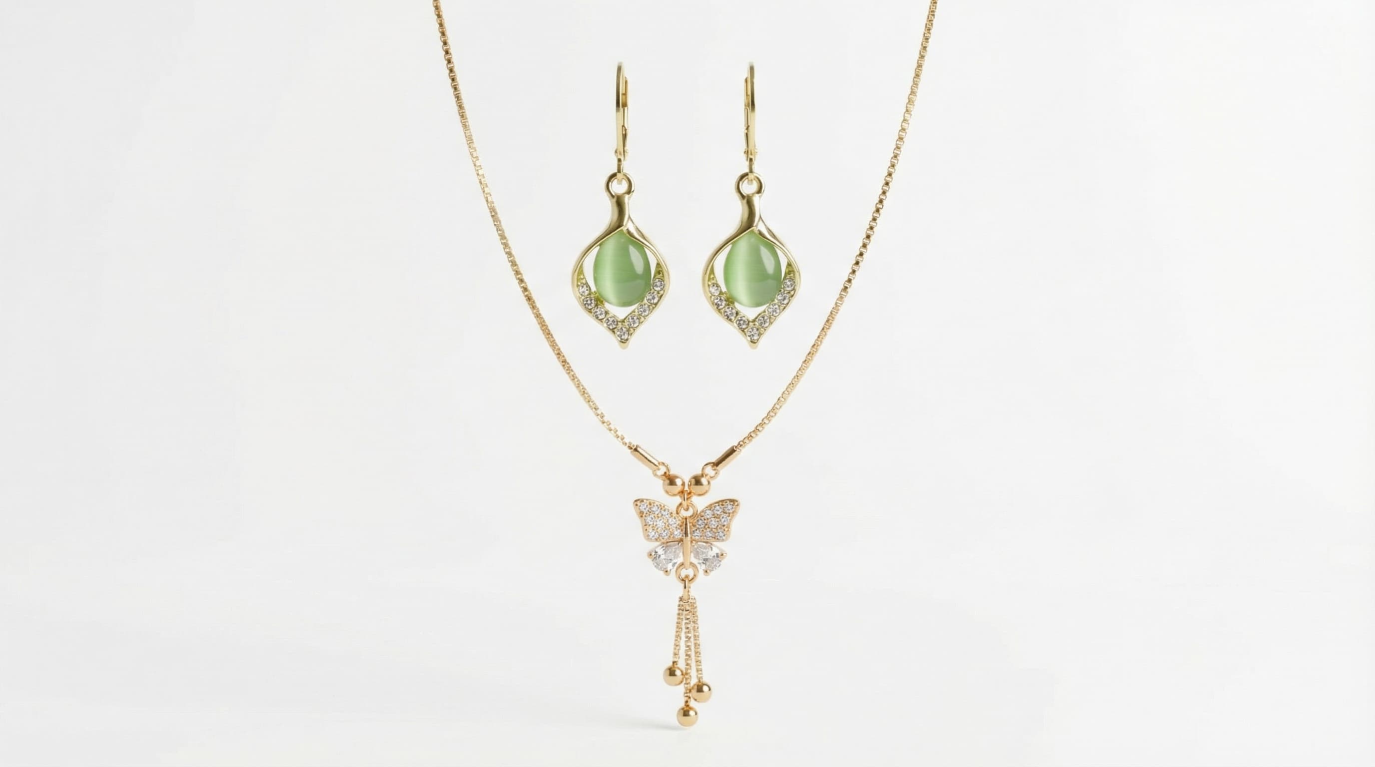 Butterfly Aura Green Stone Necklace & Earrings Set