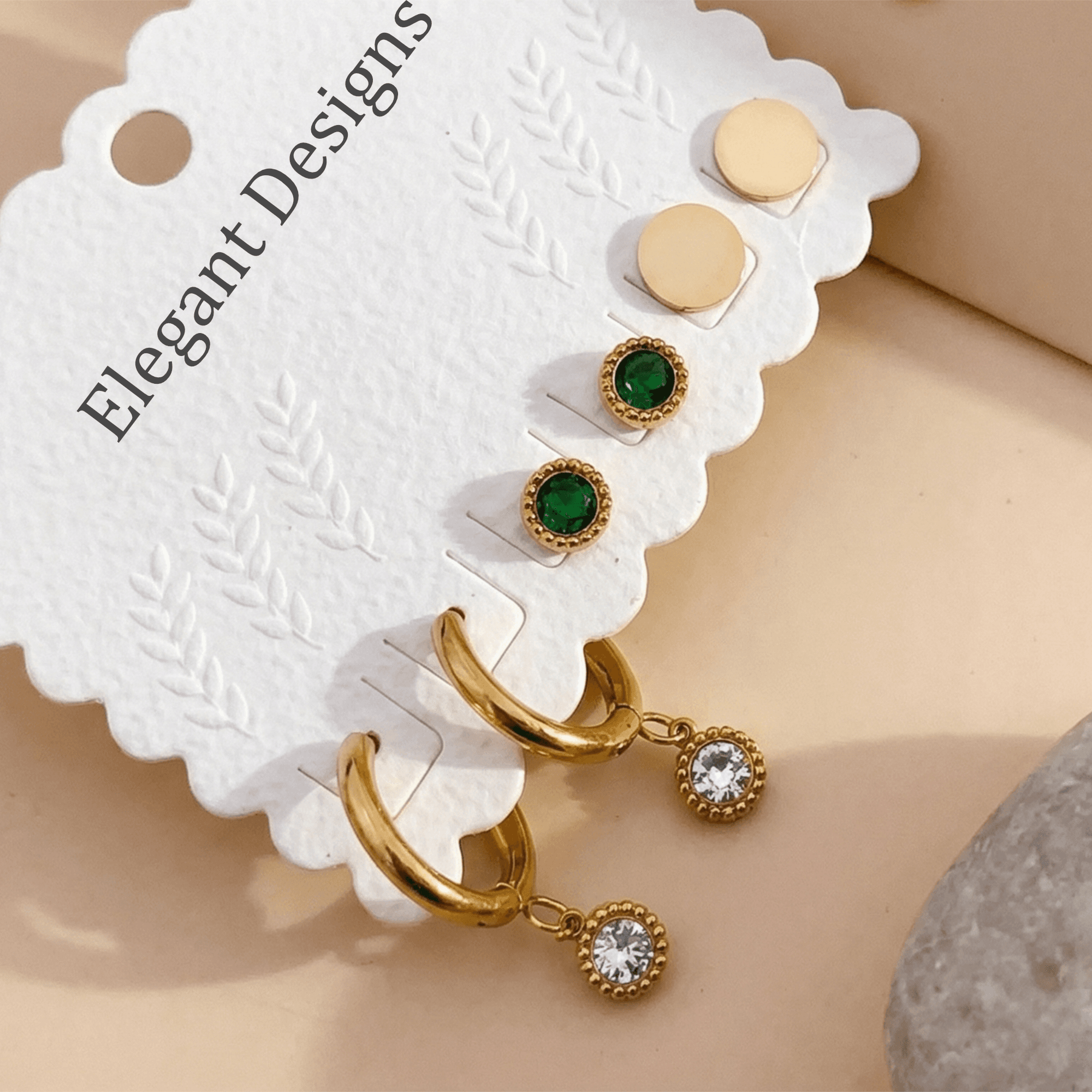 Gold Plated Hoop & Stud Earrings Combo Set for Women | Elegant Green & Clear Stones