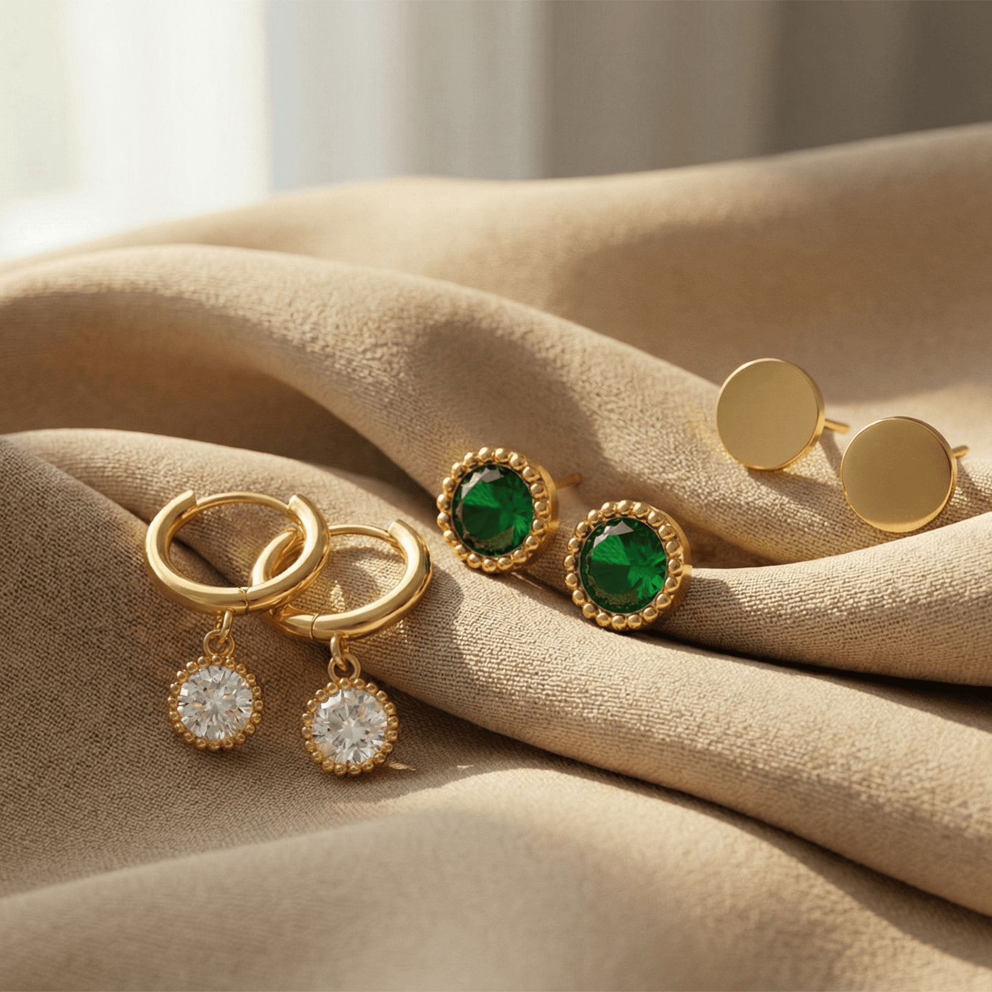 Gold Plated Hoop & Stud Earrings Combo Set for Women | Elegant Green & Clear Stones