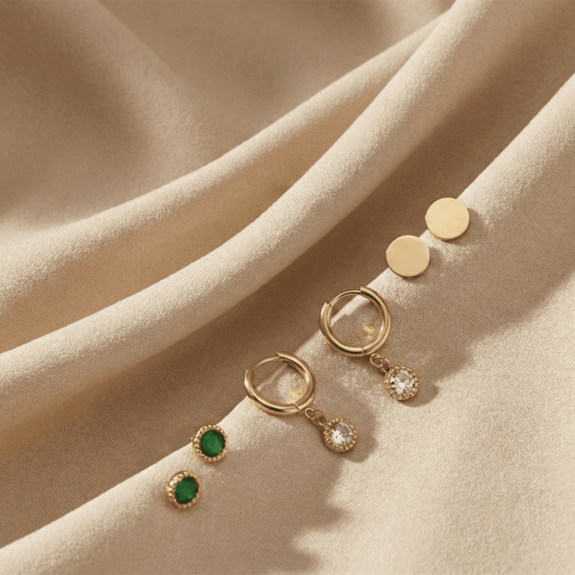 Gold Plated Hoop & Stud Earrings Combo Set for Women | Elegant Green & Clear Stones