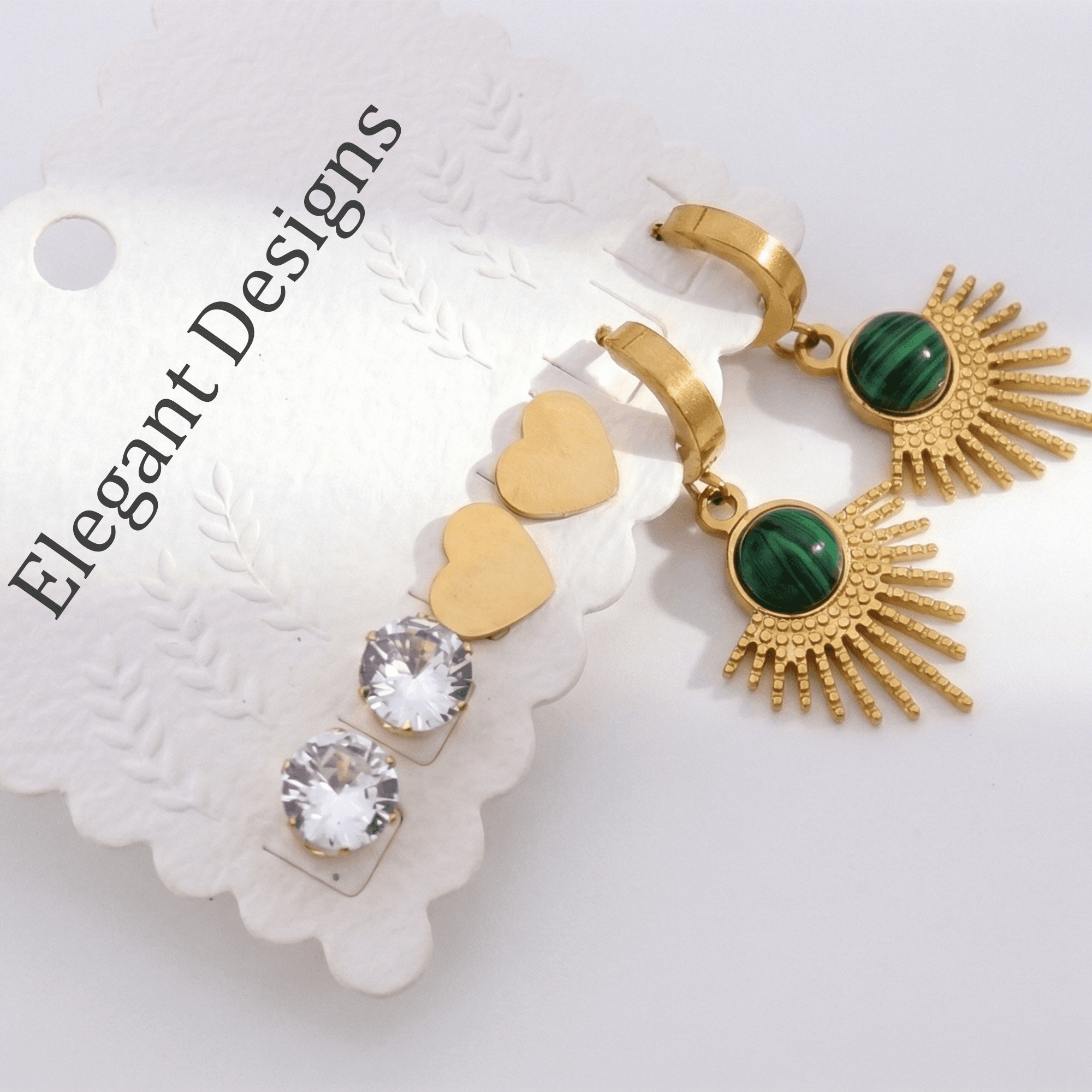 Gold Plated Sun & Heart Stud Earrings Set with Green Stone