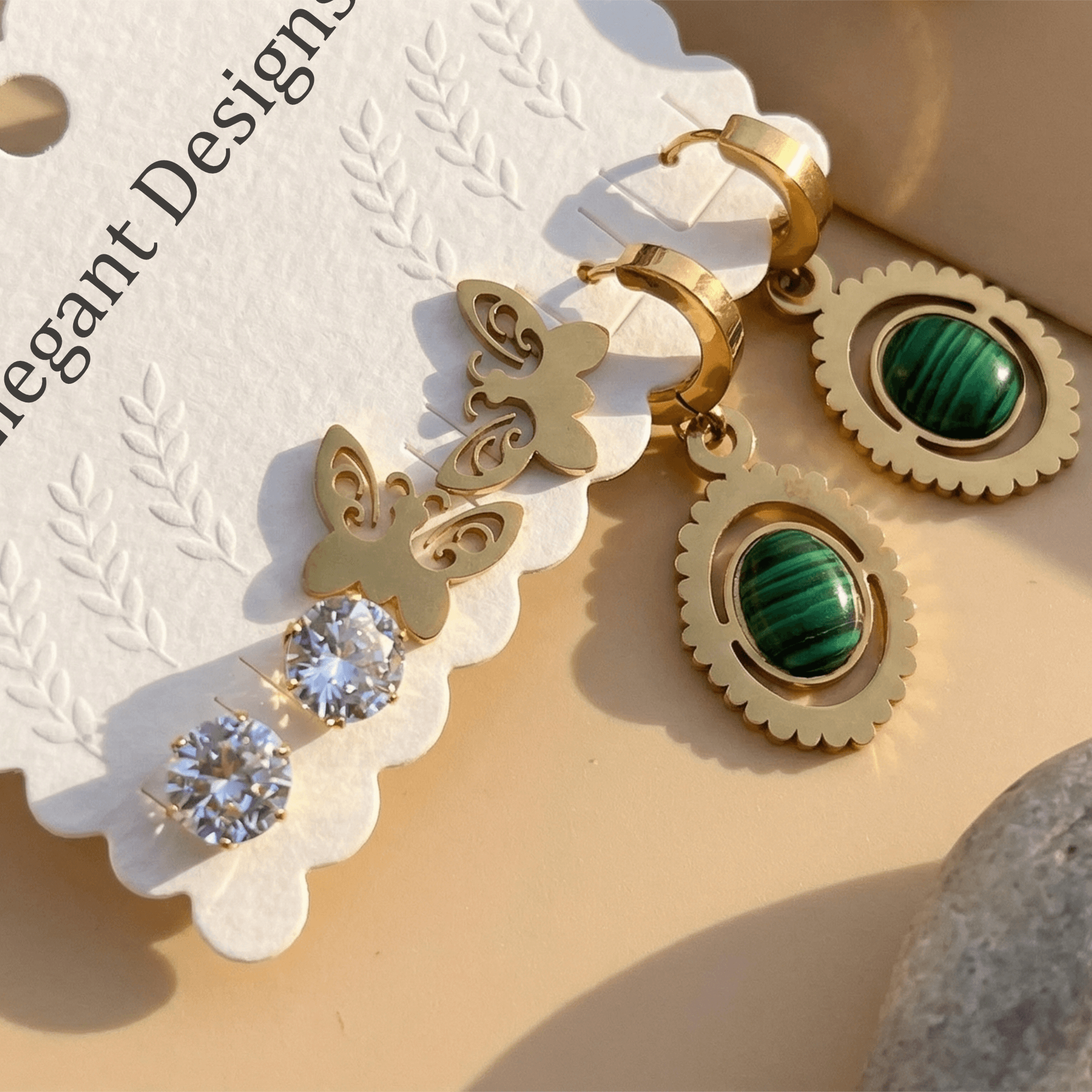 Gold Plated Green Stone Drop & Crystal Butterfly Stud Earrings Combo Set for Women