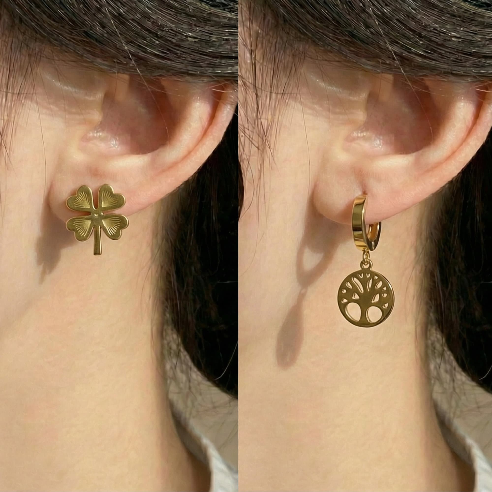 Anti-Tarnish Gold Plated Mismatch Clover Asymmetry Earrings