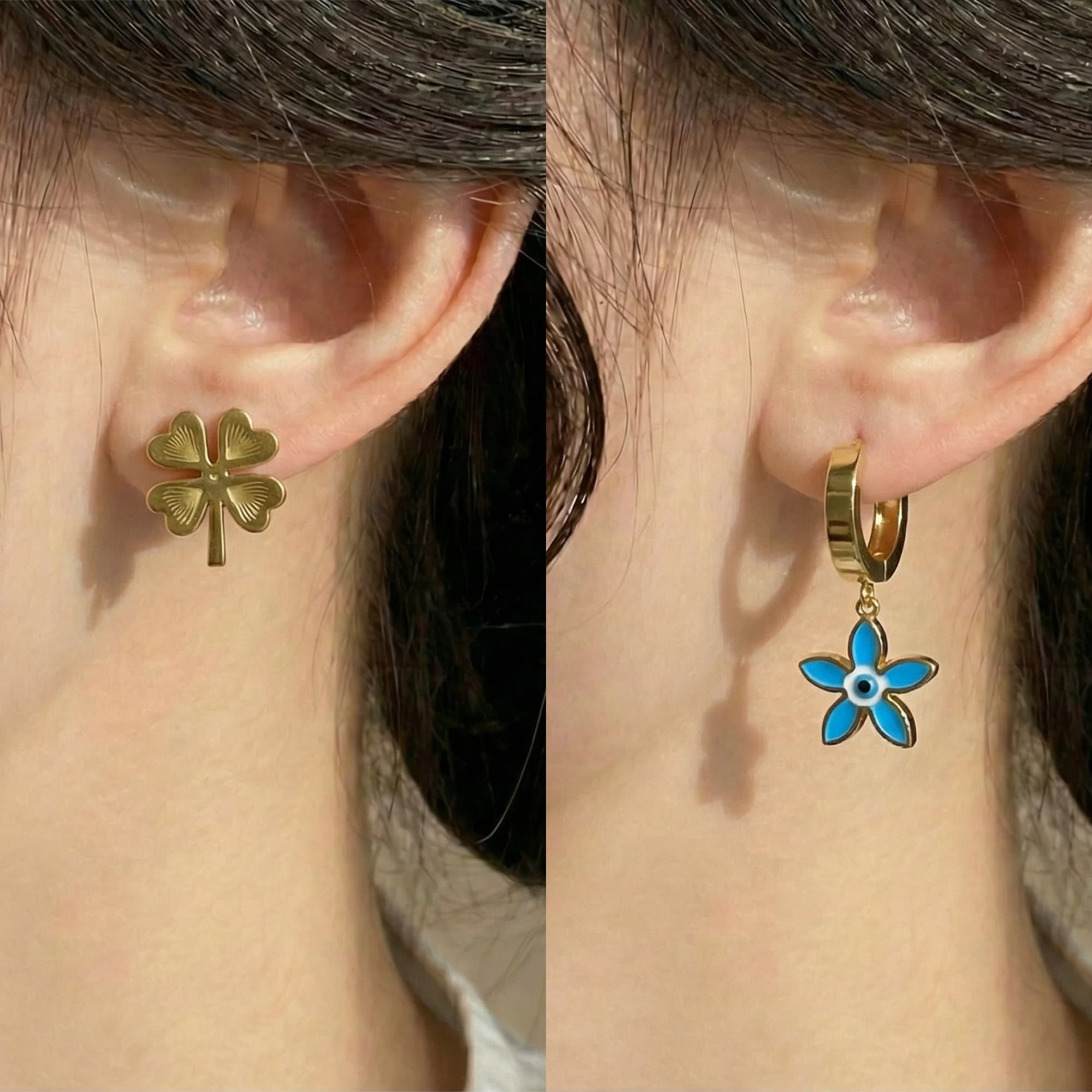 Anti-Tarnish Gold Plated Blue Flower Mismatch Earrings for Women
