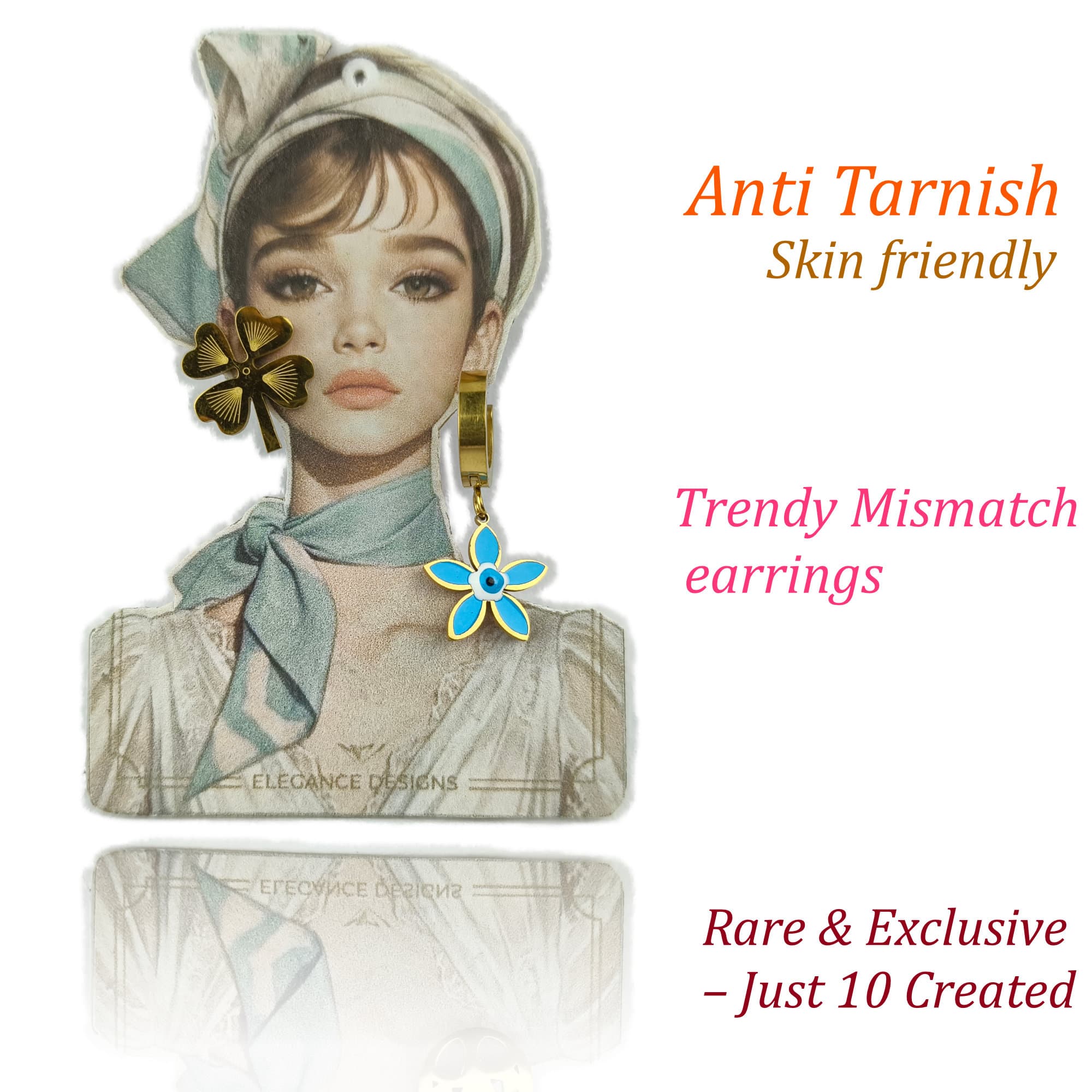 Anti-Tarnish Gold Plated Blue Flower Mismatch Earrings for Women