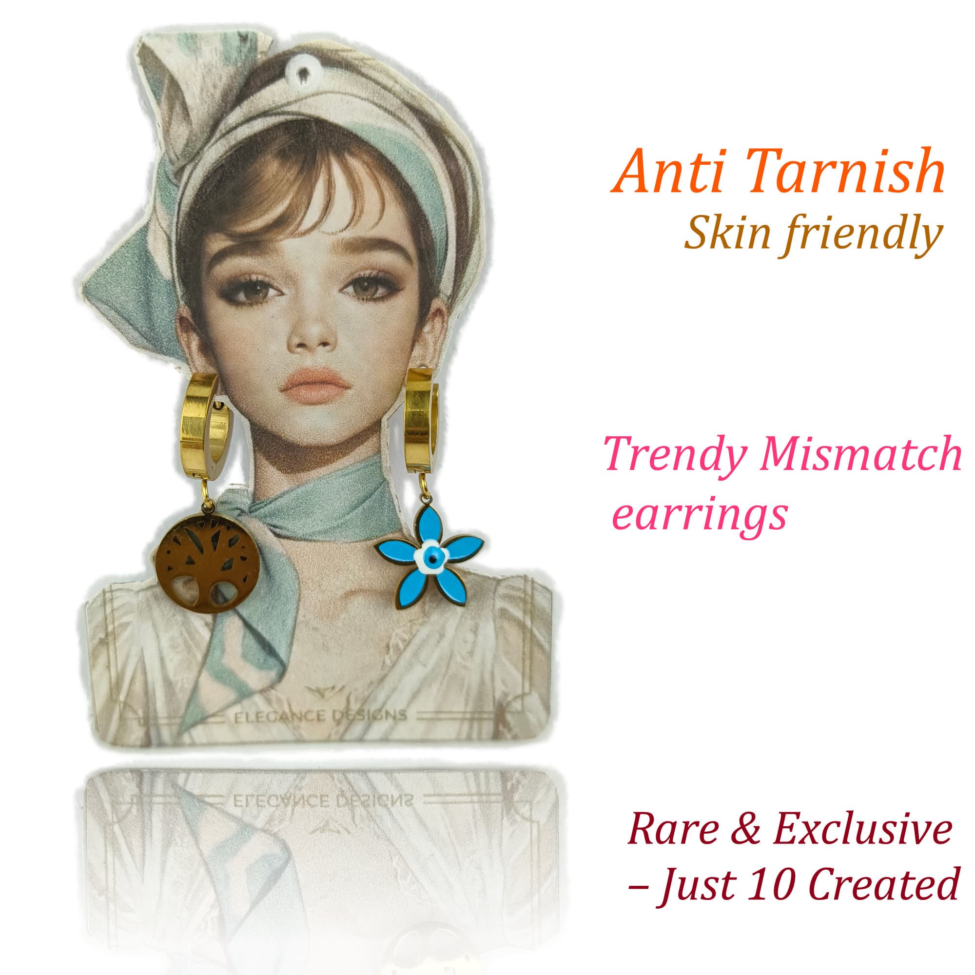 Anti Tarnish Gold Plated Blue Flower & Tree Mismatch Earrings for Women