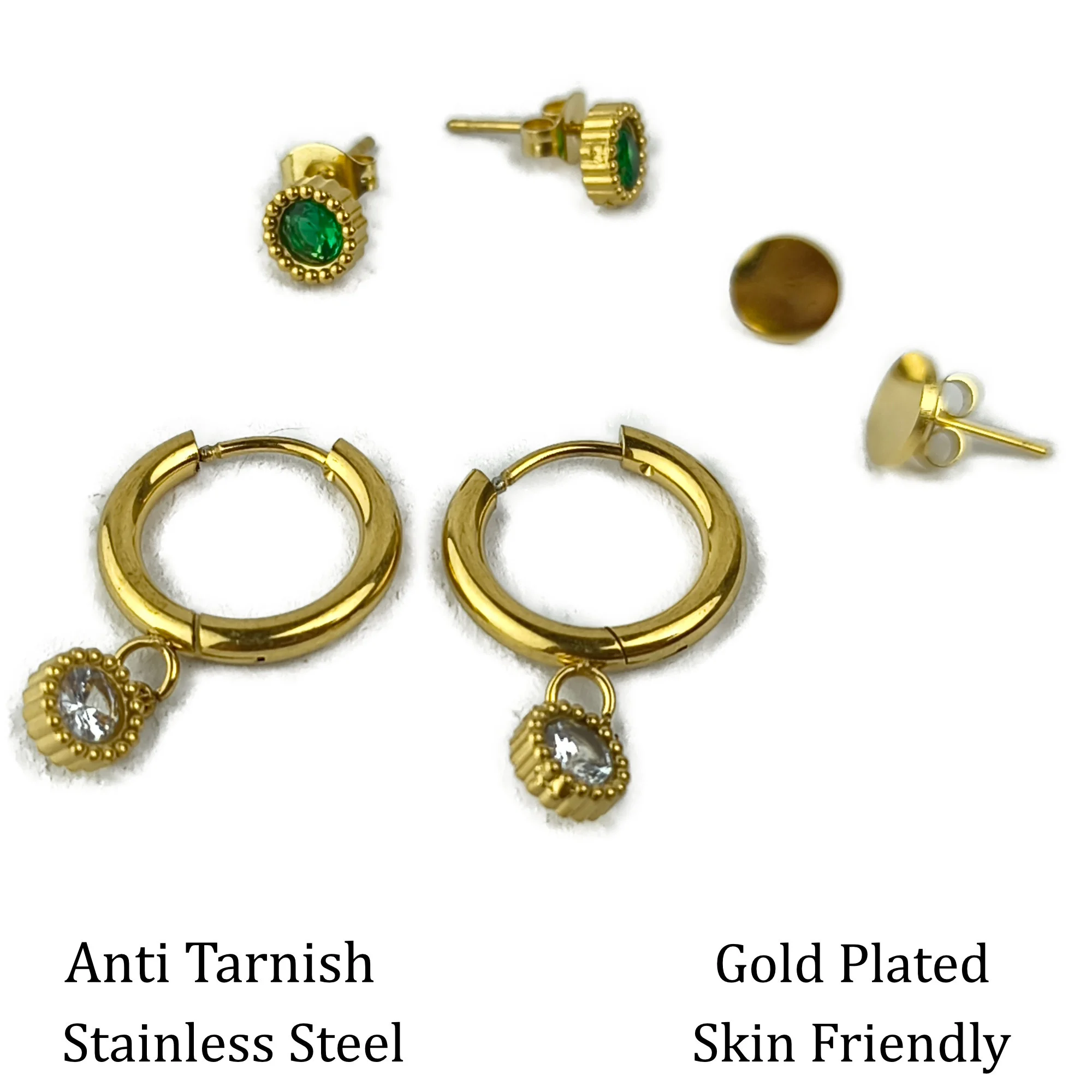 Gold Plated Hoop & Stud Earrings Combo Set for Women | Elegant Green & Clear Stones