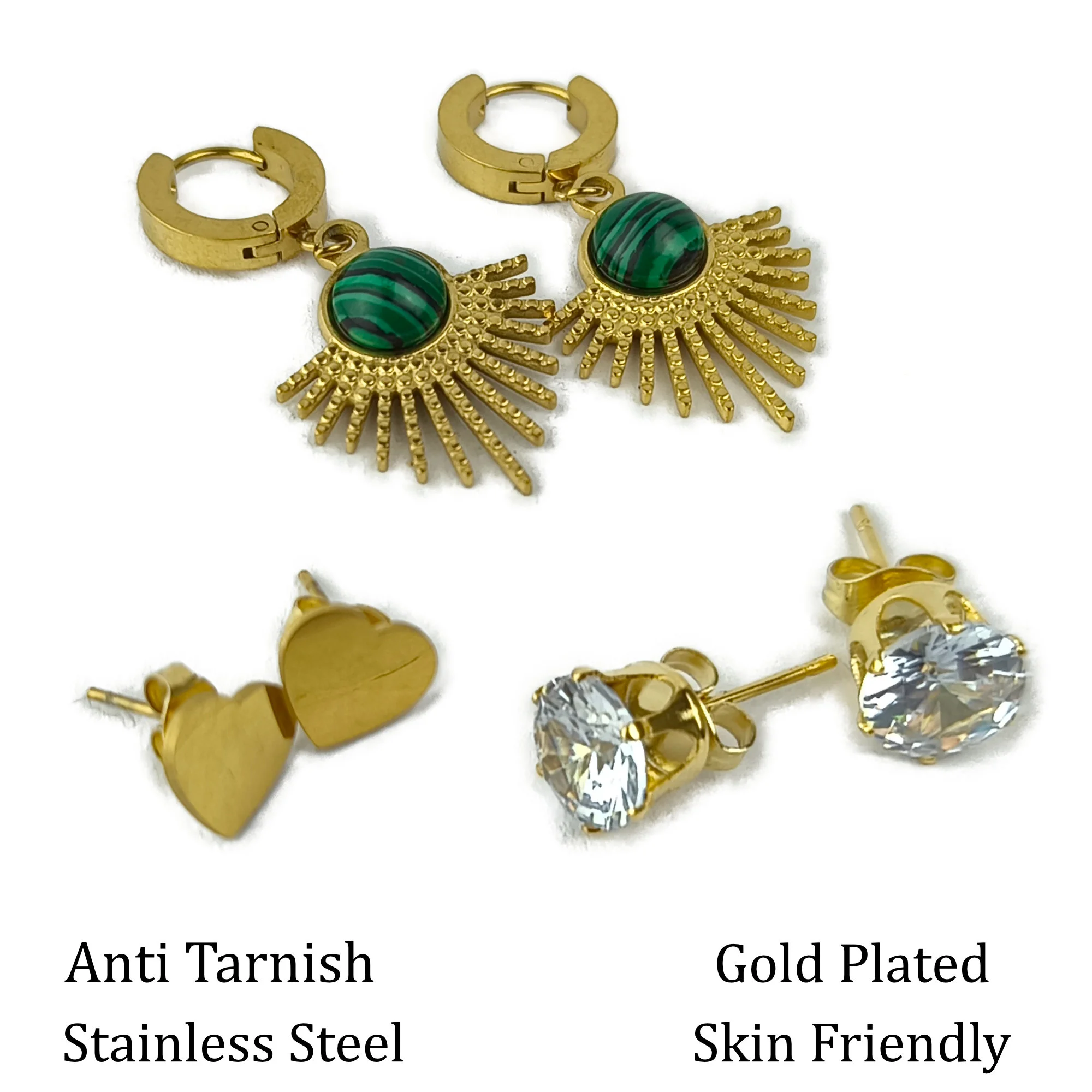 Gold Plated Sun & Heart Stud Earrings Set with Green Stone