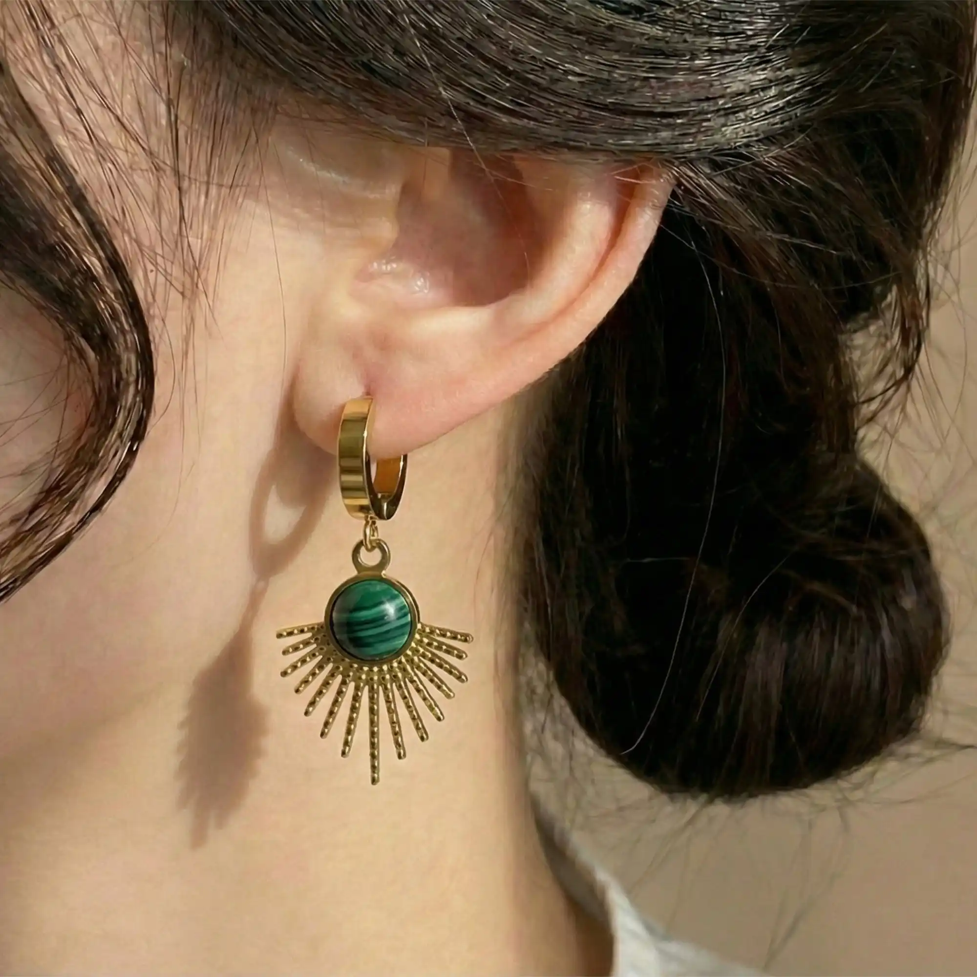 Gold Plated Sun & Heart Stud Earrings Set with Green Stone first earring