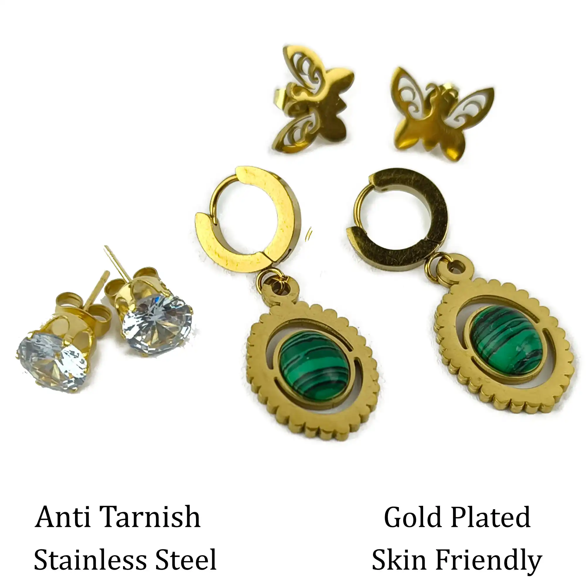Gold Plated Green Stone Drop & Crystal Butterfly Stud Earrings Combo Set for Women description