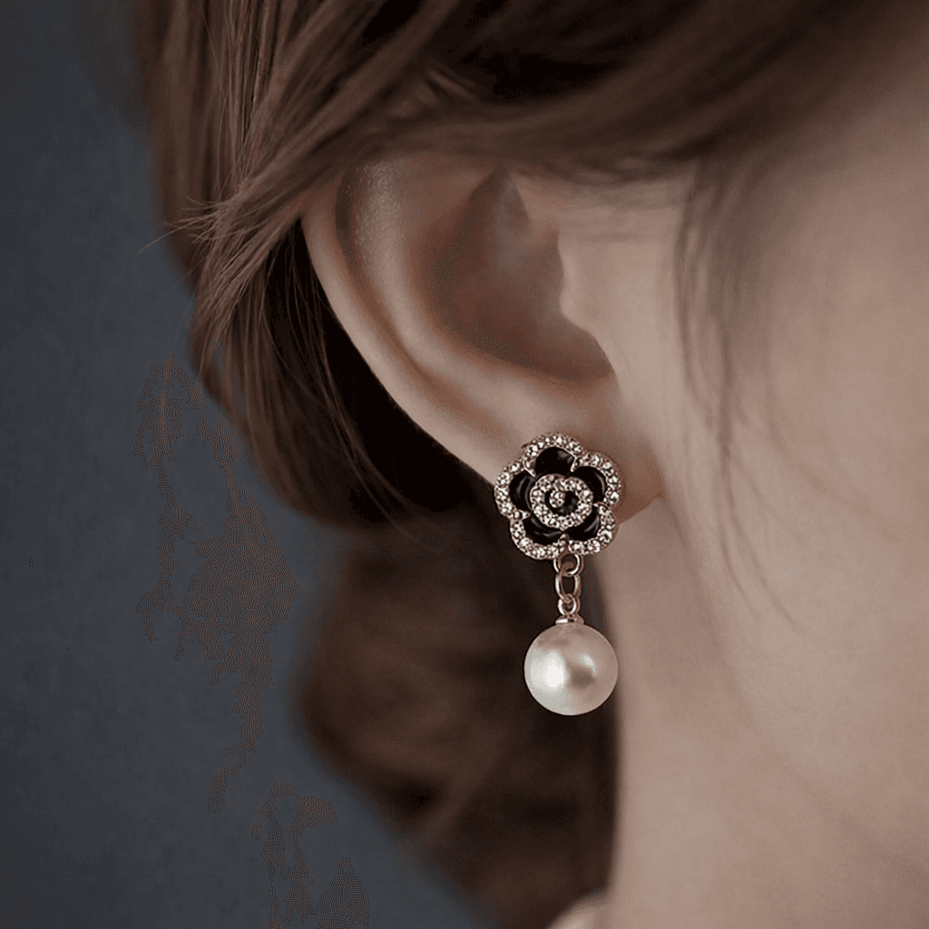 Black Rose With pearl Earrings