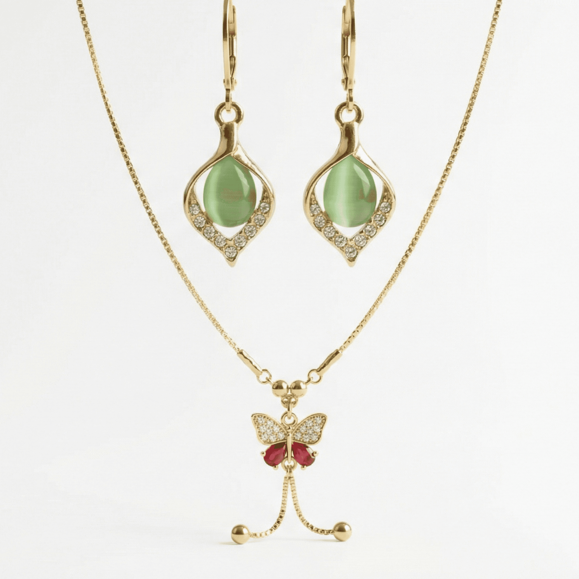 Butterfly Aura Green Stone Necklace & Earrings Set
