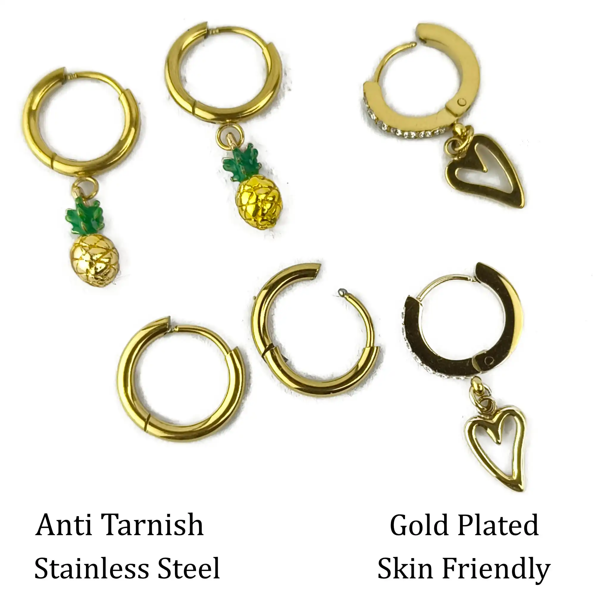 Five gold-plated hoop earring styles arranged above text labels reading 'Anti Tarnish Stainless Steel' and 'Gold Plated Skin Friendly,' highlighting pineapple charm, heart charm, and plain hoop designs.