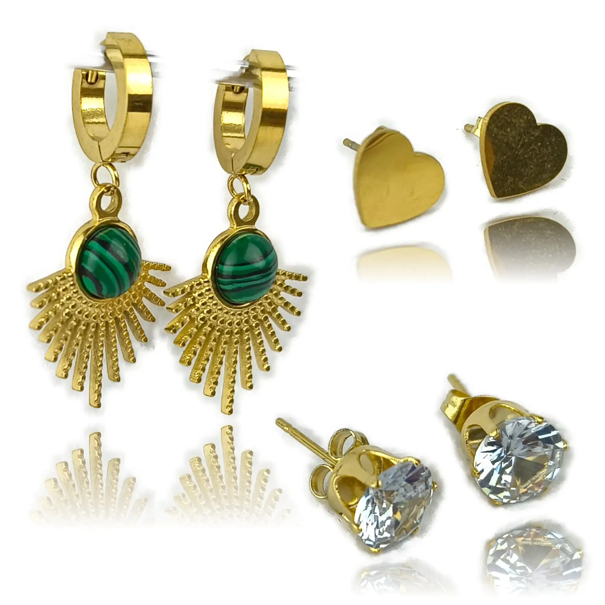 Gold Plated Sun & Heart Stud Earrings Set with Green Stone
