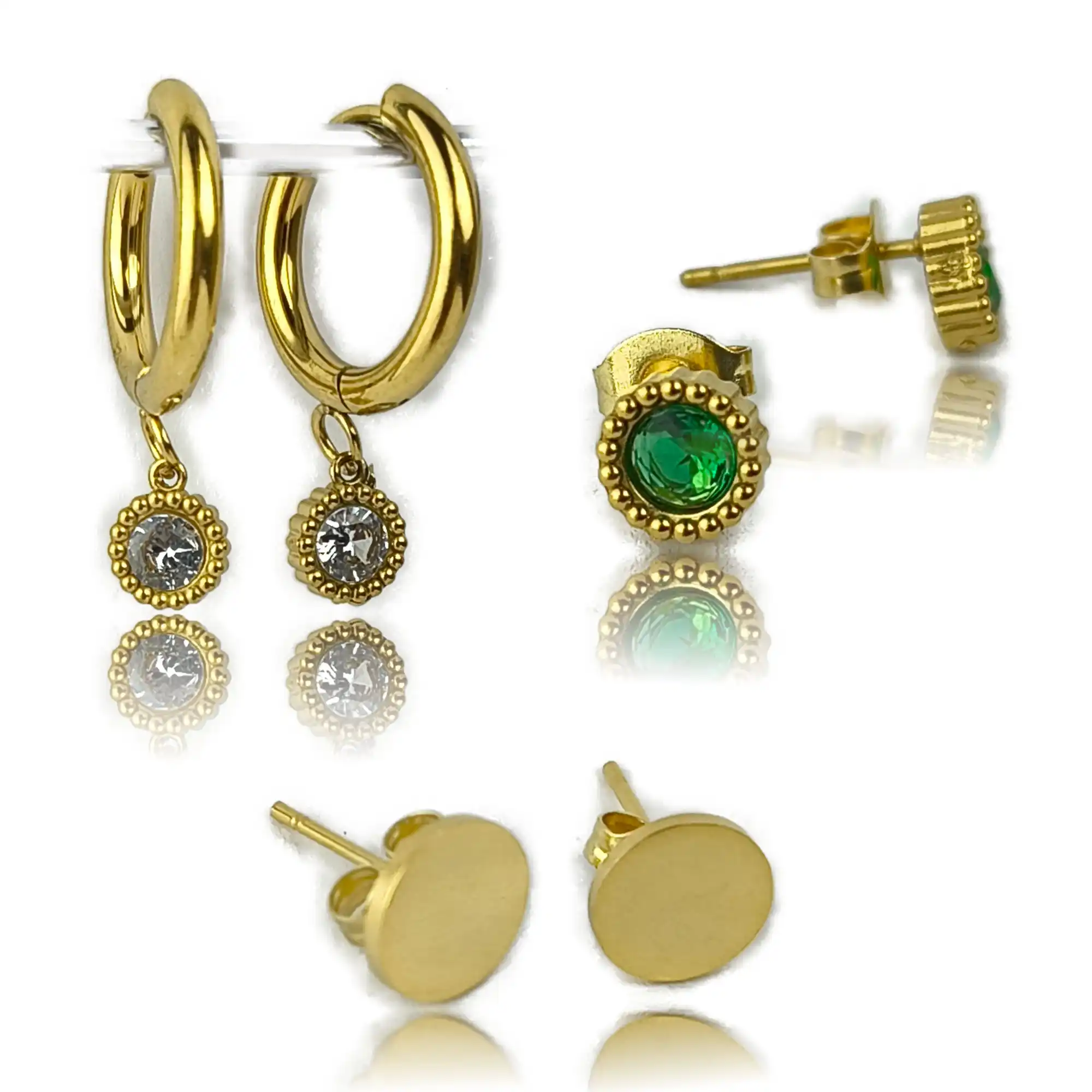 Gold Plated Hoop & Stud Earrings Combo Set for Women | Elegant Green & Clear Stones